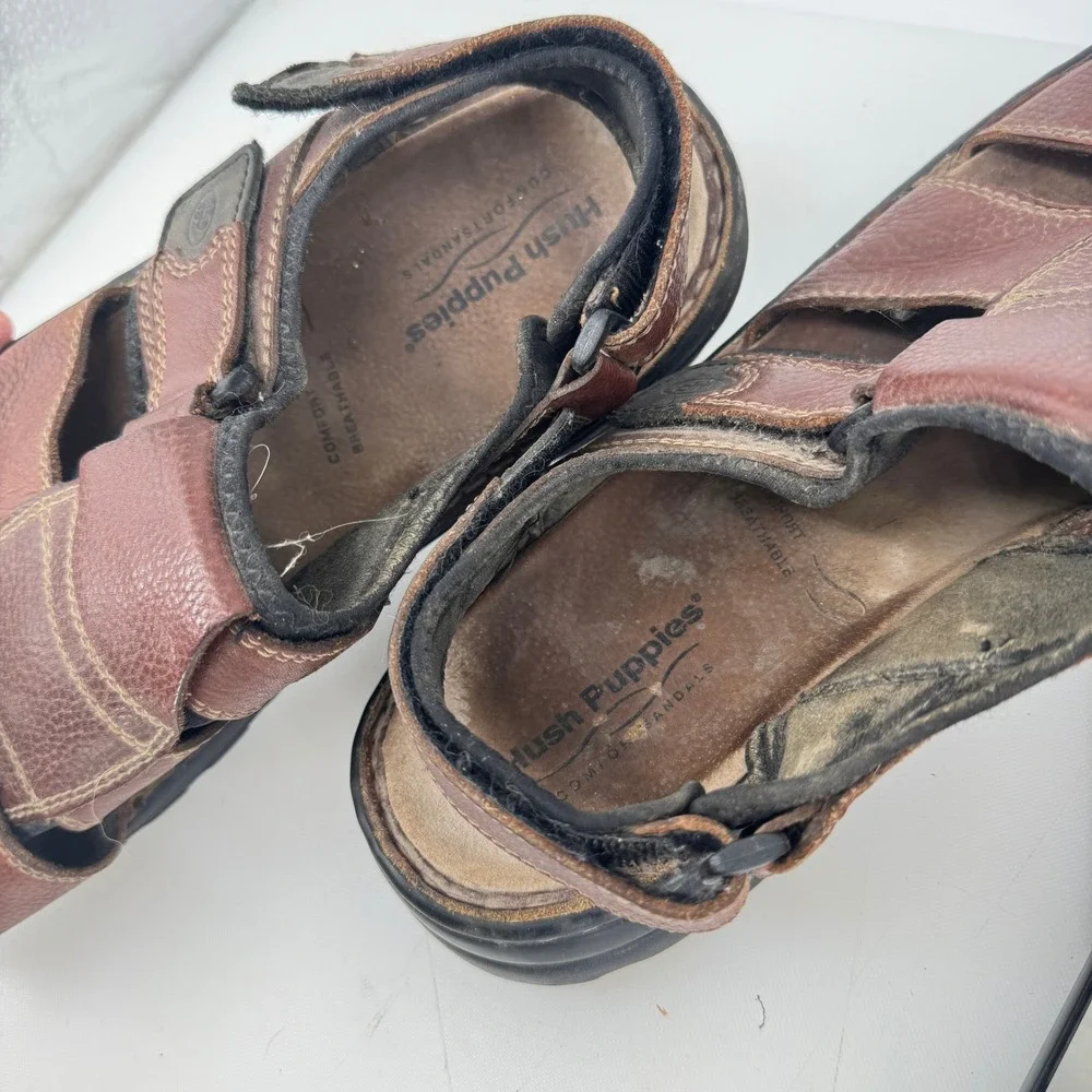 Hush Puppies Sandals Men 15 EW Brown Leather Gulf Fisherman Hook And Loop Strap